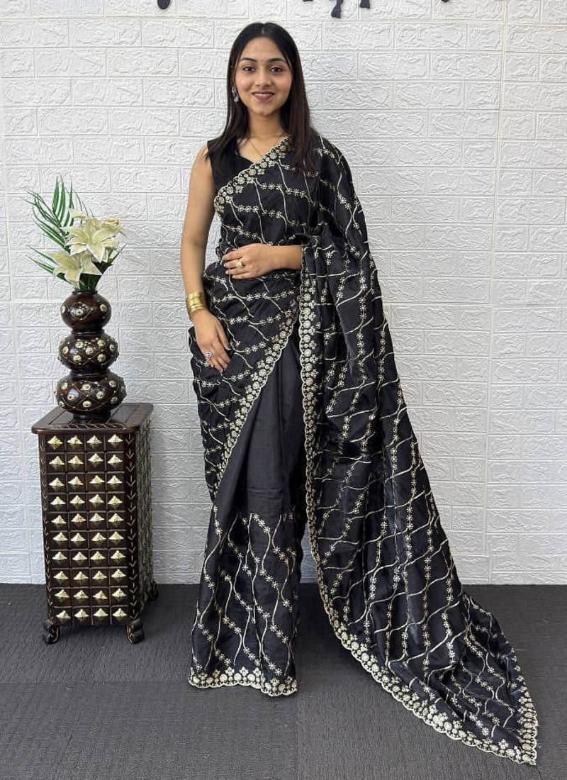 Black Color  Embroidery Work Silk Saree