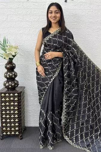 Black Color  Embroidery Work art silk saree