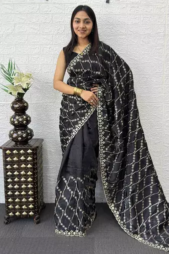 Black Color  Embroidery Work art silk saree