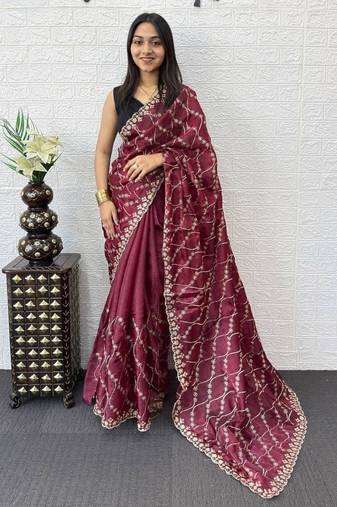 Maroon Color  Embroidery Work Silk Saree