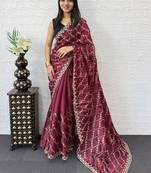 Maroon Color  Embroidery Work Silk Saree