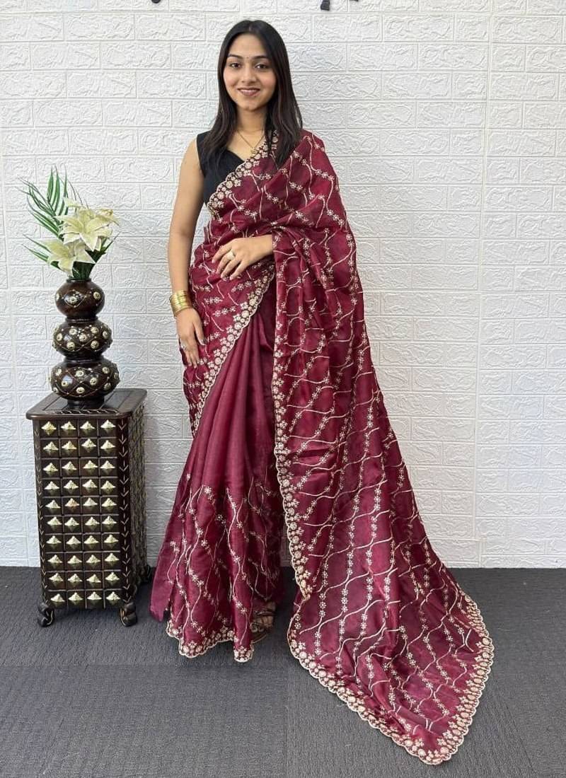 Maroon Color  Embroidery Work Silk Saree