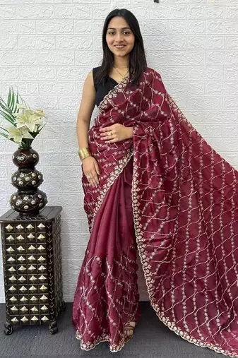 Maroon Color  Embroidery Work art silk saree
