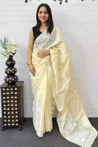 Yellow Color  Embroidery Work Silk Saree