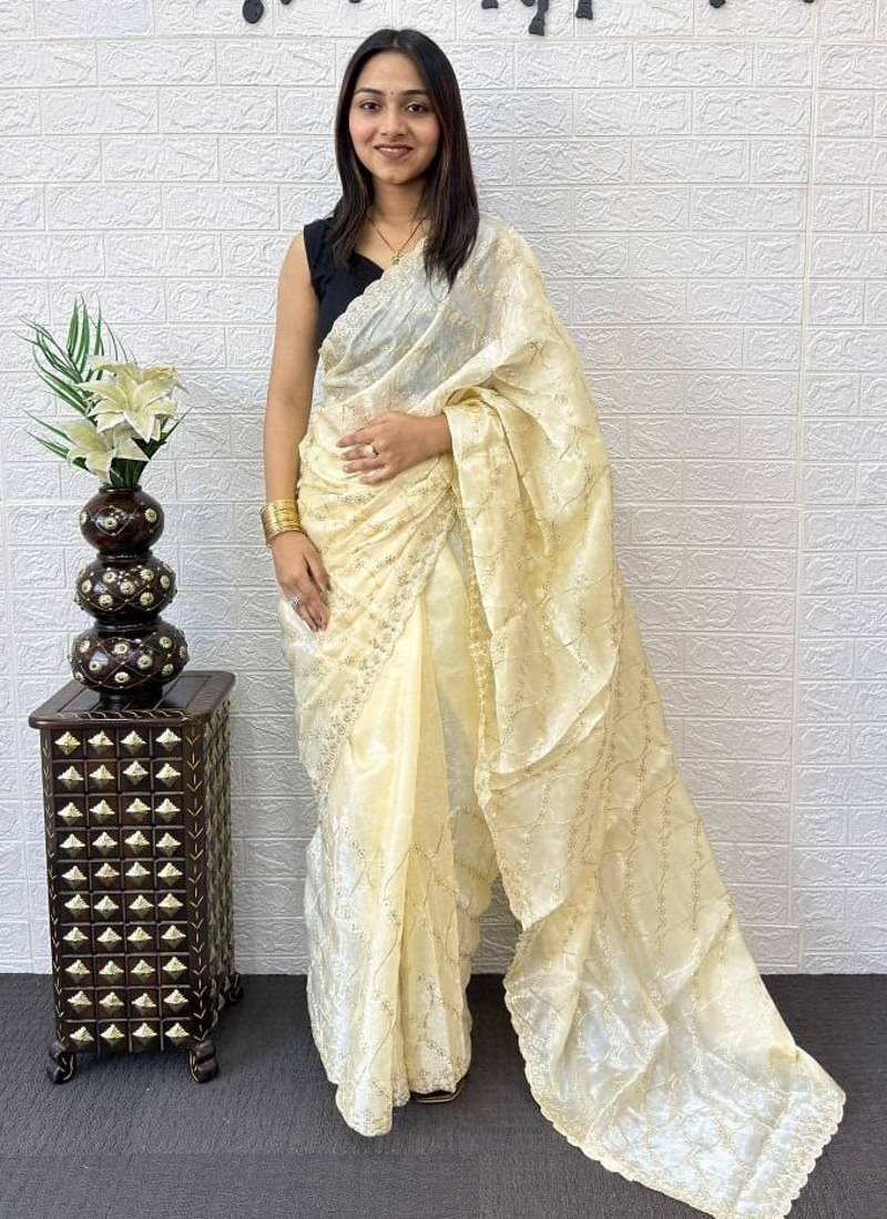Yellow Color  Embroidery Work Silk Saree