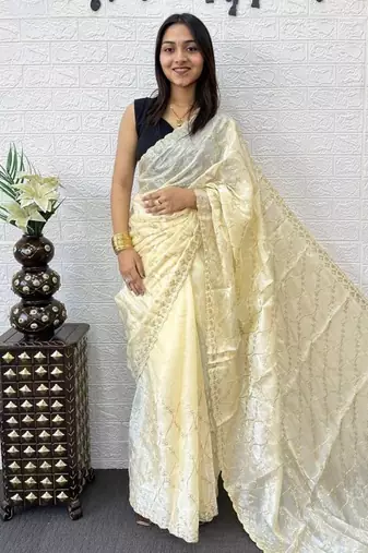 Yellow Color  Embroidery Work art silk saree