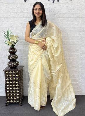 Yellow Color  Embroidery Work art silk saree 3