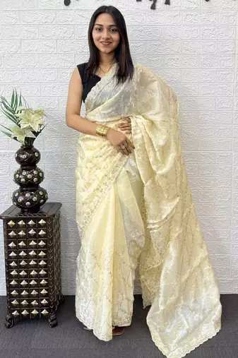 Yellow Color  Embroidery Work art silk saree