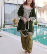 Womens new green velvet with rich zari coding embroidered work kurta pant set