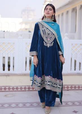 Womens new rama velvet with rich zari coding embroidered work kurta pant duppata set 1