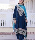 Womens new rama velvet with rich zari coding embroidered work kurta pant duppata set