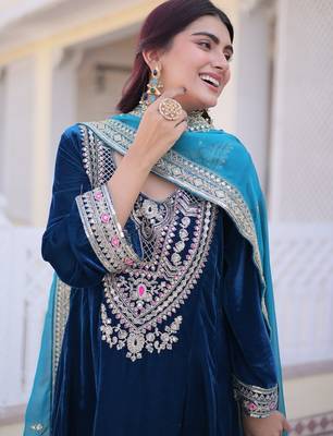 Womens new rama velvet with rich zari coding embroidered work kurta pant duppata set 2