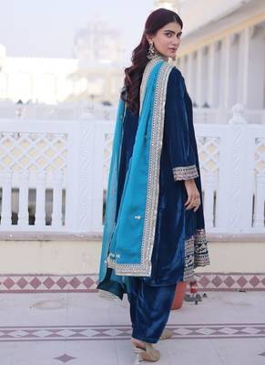 Womens new rama velvet with rich zari coding embroidered work kurta pant duppata set 3