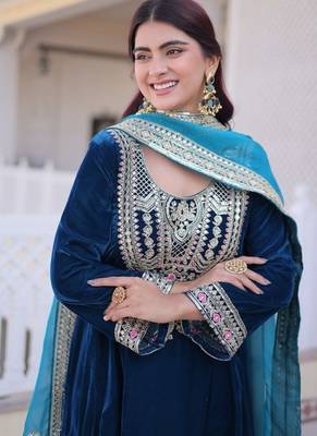 Womens new rama velvet with rich zari coding embroidered work kurta pant duppata set 4