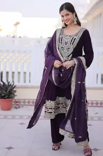 Womens new wine velvet with rich zari coding embroidered work kurta pant duppata set