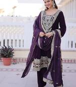 Womens new wine velvet with rich zari coding embroidered work kurta pant duppata set