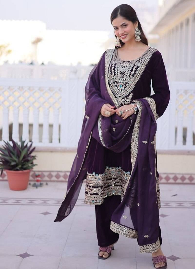 Womens new wine velvet with rich zari coding embroidered work kurta pant duppata set