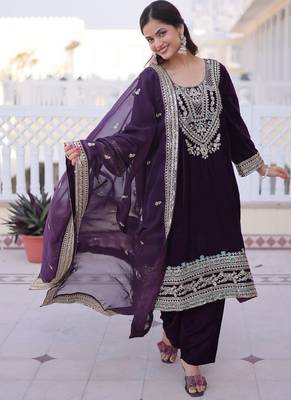 Womens wine velvet with rich zari coding embroidered work kurta pant duppata set 3