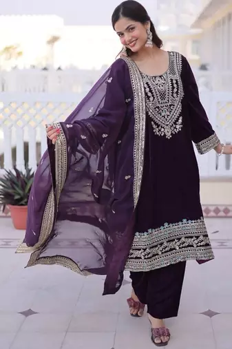 Womens new wine velvet with rich zari coding embroidered work kurta pant duppata set