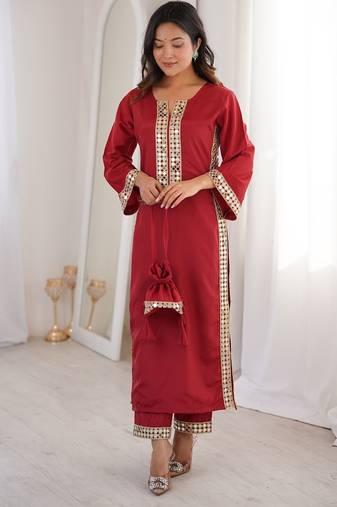 womens new trending marron color natural crepe with real mirror lace work kurta set