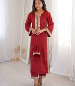 womens trending marron color natural crepe with real mirror lace work kurta set