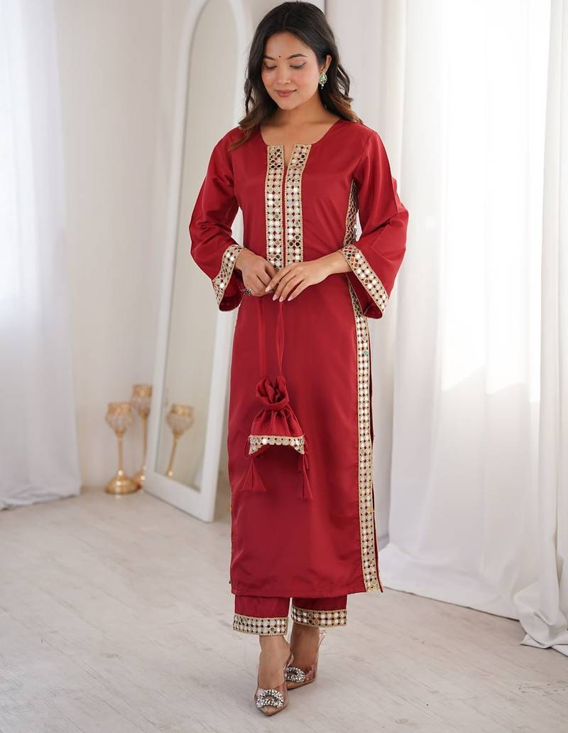 womens new trending marron color natural crepe with real mirror lace work kurta set