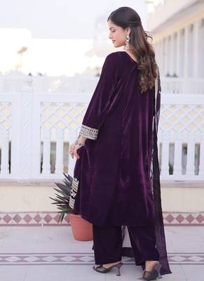 Womens wine velvet with rich zari coding embroidered work kurta pant duppata set 4