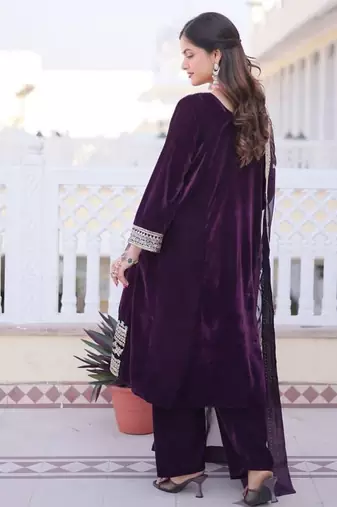 Womens new wine velvet with rich zari coding embroidered work kurta pant duppata set