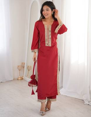womens trending marron color natural crepe with real mirror lace work kurta set 2