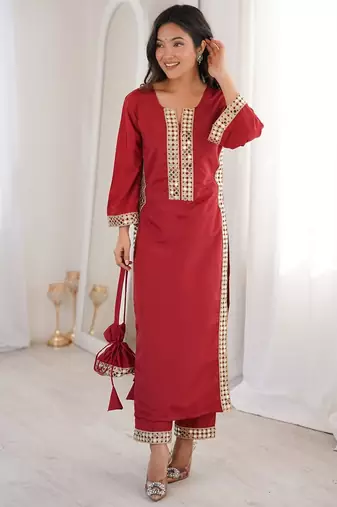 womens new trending marron color natural crepe with real mirror lace work kurta set