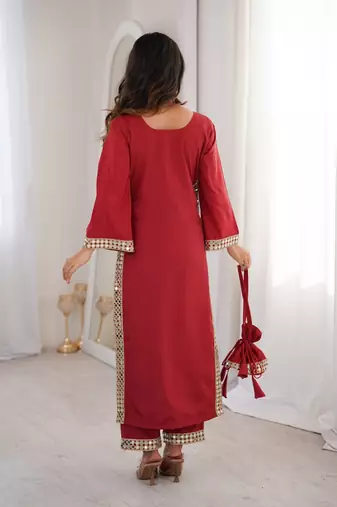 womens new trending marron color natural crepe with real mirror lace work kurta set