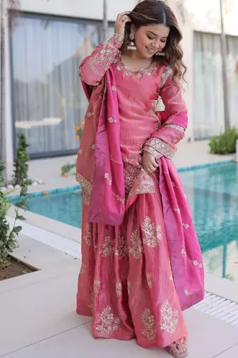 womens new pink color fendi crush with zari & sequins embroidered work