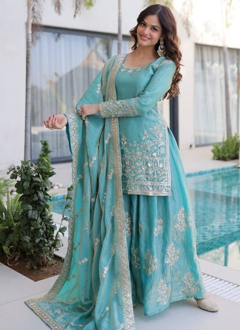 womens new sky color fendi crush with zari & sequins embroidered work