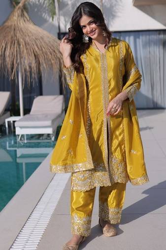 Womens new yellow silk with rich zari coding embroidered work kurta pant set