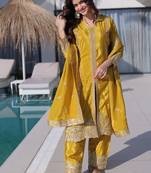 Womens new yellow silk with rich zari coding embroidered work kurta pant set