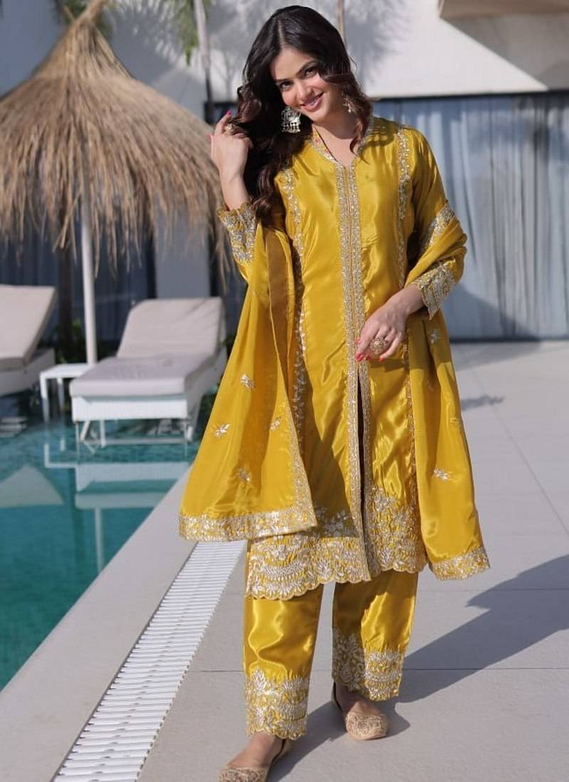 Womens new yellow silk with rich zari coding embroidered work kurta pant set