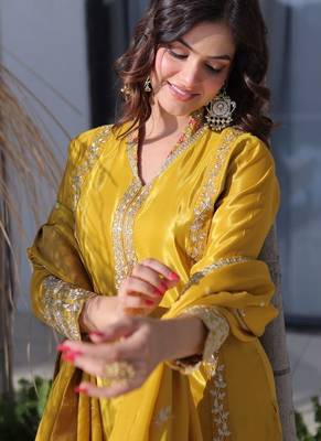 Womens new yellow silk with rich zari coding embroidered work kurta pant set 2
