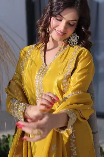 Womens new yellow silk with rich zari coding embroidered work kurta pant set