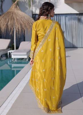 Womens new yellow silk with rich zari coding embroidered work kurta pant set 3