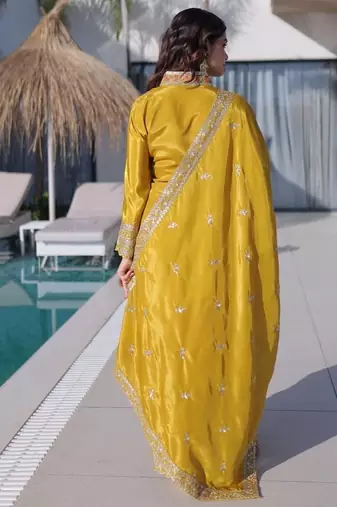 Womens new yellow silk with rich zari coding embroidered work kurta pant set