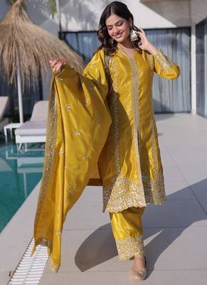 Womens new yellow silk with rich zari coding embroidered work kurta pant set 4
