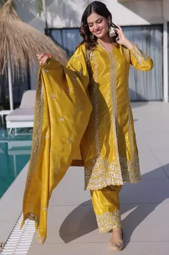 Womens new yellow silk with rich zari coding embroidered work kurta pant set