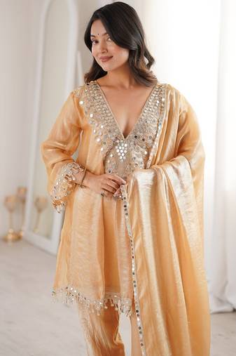 Womens new trending fendy fabric with real mirror with coding embroidered lace work kurta set