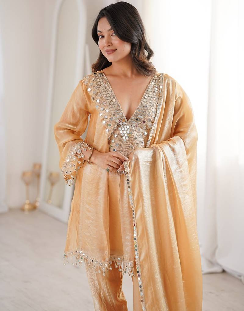 Womens new trending fendy fabric with real mirror with coding embroidered lace work kurta set