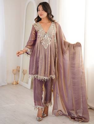Womens new trending fendy fabric with real mirror with coding embroidered lace work kurta set 4