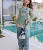 Womens new wedding wear sky color salasa fabrics with mirror & lace work kurta pant set