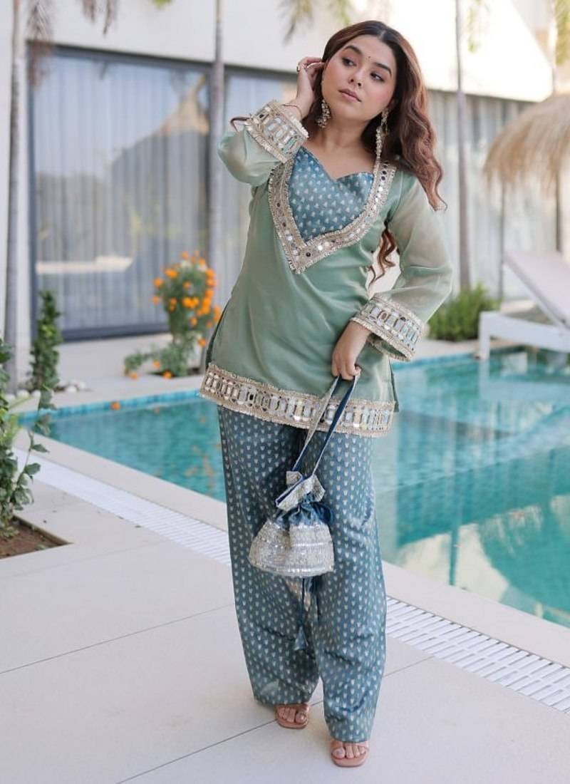 Womens new wedding wear sky color salasa fabrics with mirror & lace work kurta pant set