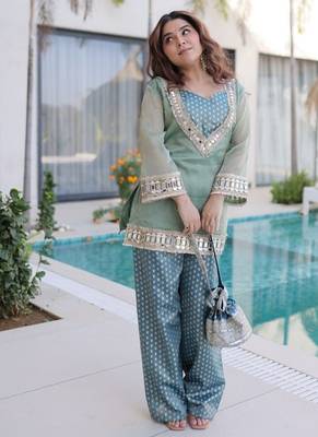 Womens new wedding wear sky color salasa fabrics with mirror & lace work kurta pant set 4
