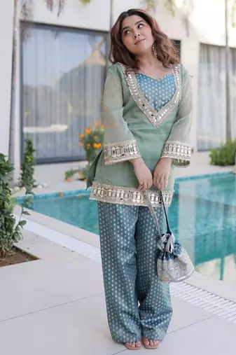 Womens new wedding wear sky color salasa fabrics with mirror & lace work kurta pant set