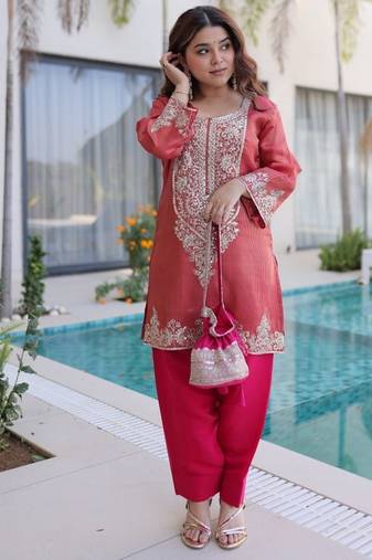 womens wear peach,pink color viscose fabric with sequins & coding zari embroidered work  kurta pant set